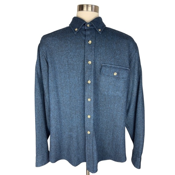 VTG Marshal Field’s Wool Blend Blue & Black Herringbone Button Up L/S Shirt L - Picture 1 of 11